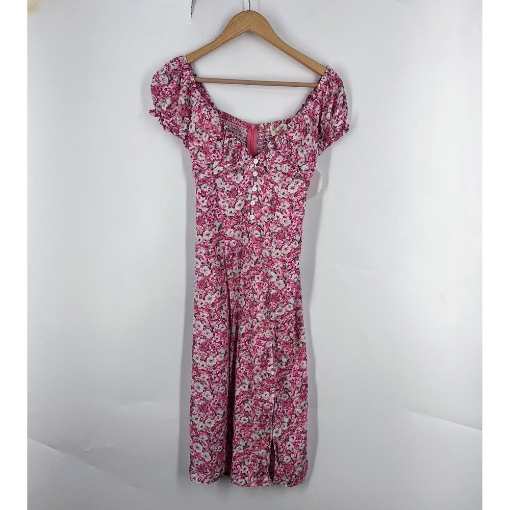 Kiss The Sky Pink Floral Milkmaid Midi Dress Short Puff Sleeve Smocked Back XS
